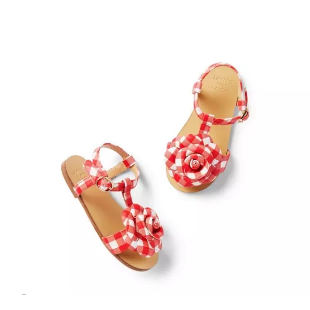 Janie & Jack Gingham Flower Sandal in Red & White Size 12